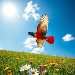 A colorful bird with vibrant feathers in primary colors (red, blue, and yellow) soaring gracefully over a lush green meadow