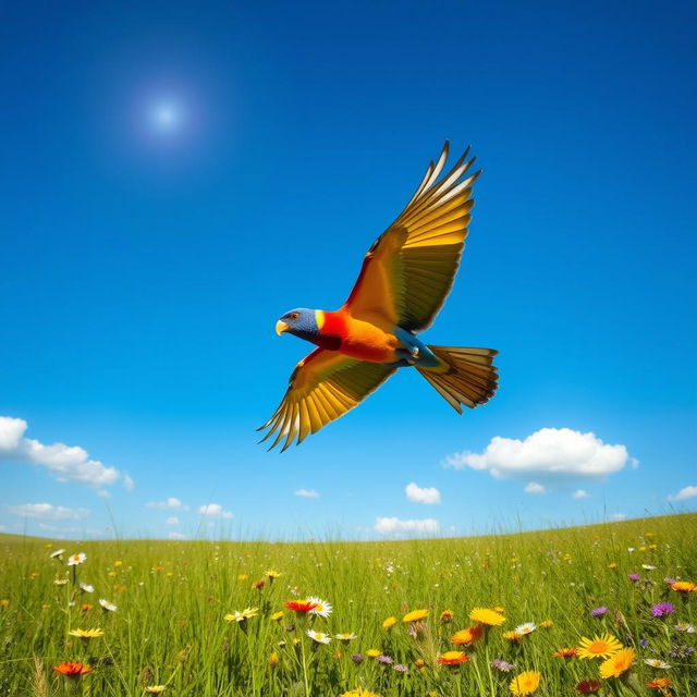 A colorful bird with vibrant feathers in primary colors (red, blue, and yellow) soaring gracefully over a lush green meadow