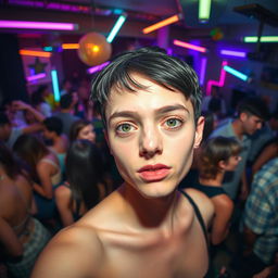 A bustling house party scene filled with a diverse crowd of people socializing and dancing, all under the mesmerizing glow of fluorescent lights