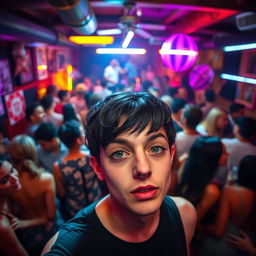 A bustling house party scene filled with a diverse crowd of people socializing and dancing, all under the mesmerizing glow of fluorescent lights