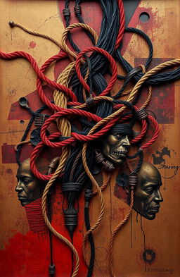 A conceptual artwork titled "Stings That Bind" by Koketso Modisakeng, featuring a powerful exploration of emotional connections through visual metaphors