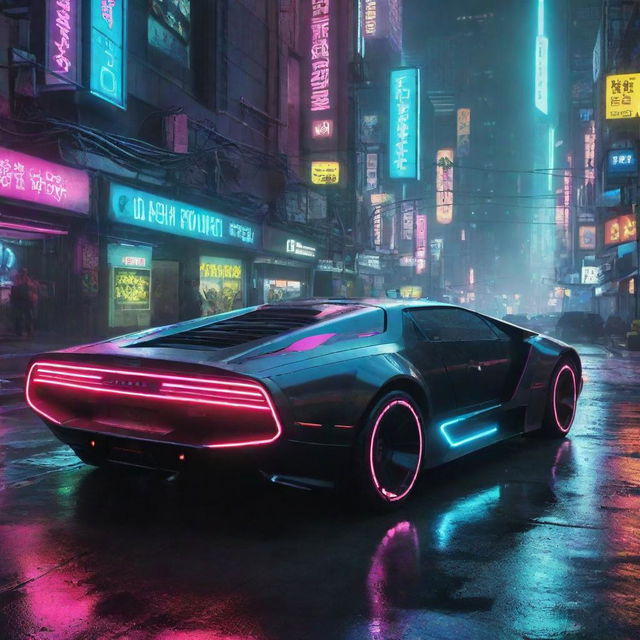 Cyberpunk transportation: High-tech vehicles with sleek aerodynamics, neon accent lights, and hover capabilities, darting through a bustling, neon-drenched city