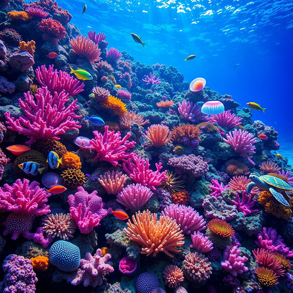 A vibrant coral reef teeming with unusual sea creatures, all displayed in stunning neon colors