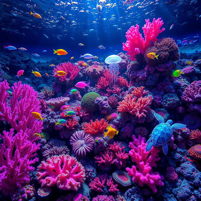 A vibrant coral reef teeming with unusual sea creatures, all displayed in stunning neon colors