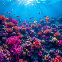A vibrant coral reef teeming with unusual sea creatures, all displayed in stunning neon colors