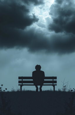 A visually striking representation of depression as an abstract concept, featuring dark cloudy skies symbolizing the weight of sadness, contrasted with a solitary figure sitting on a bench amidst a desolate landscape