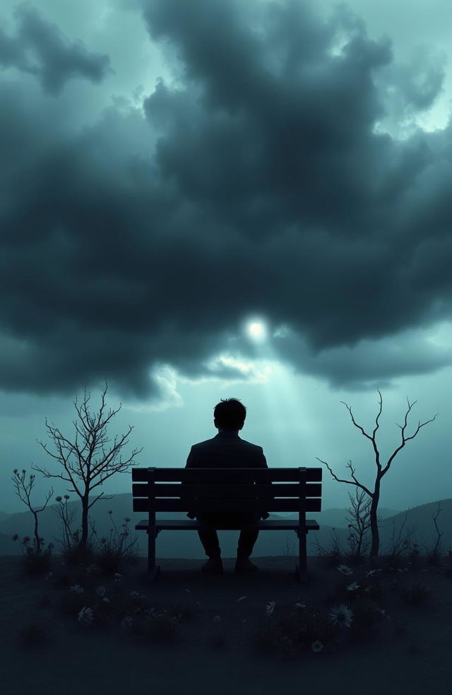 A visually striking representation of depression as an abstract concept, featuring dark cloudy skies symbolizing the weight of sadness, contrasted with a solitary figure sitting on a bench amidst a desolate landscape