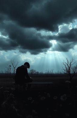 A visually striking representation of depression as an abstract concept, featuring dark cloudy skies symbolizing the weight of sadness, contrasted with a solitary figure sitting on a bench amidst a desolate landscape
