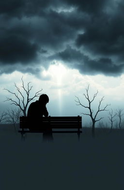 A visually striking representation of depression as an abstract concept, featuring dark cloudy skies symbolizing the weight of sadness, contrasted with a solitary figure sitting on a bench amidst a desolate landscape