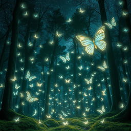 A surreal forest illuminated by the soft glow of countless butterflies that float delicately through the air