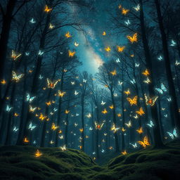 A surreal forest illuminated by the soft glow of countless butterflies that float delicately through the air