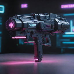 Intricate Cyberpunk weapon; a piece of futuristic hardware outfitted with neon lights and advanced technology, possessing capabilities beyond the realm of current technology