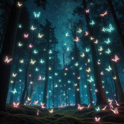 A surreal forest illuminated by the soft glow of countless butterflies that float delicately through the air