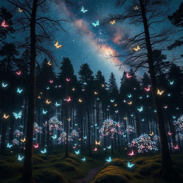 A surreal forest illuminated by the soft glow of countless butterflies that float delicately through the air