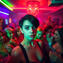 A vibrant house party scene filled with a lively crowd, illuminated by bold fluorescent lights creating a colorful atmosphere