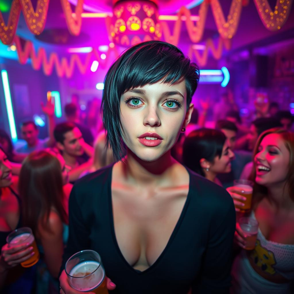 A vibrant house party scene filled with a lively crowd, illuminated by bold fluorescent lights creating a colorful atmosphere