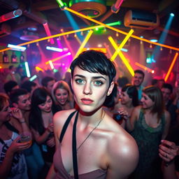 A vibrant house party scene filled with a lively crowd, illuminated by bold fluorescent lights creating a colorful atmosphere
