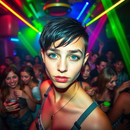 A vibrant house party scene filled with a lively crowd, illuminated by bold fluorescent lights creating a colorful atmosphere