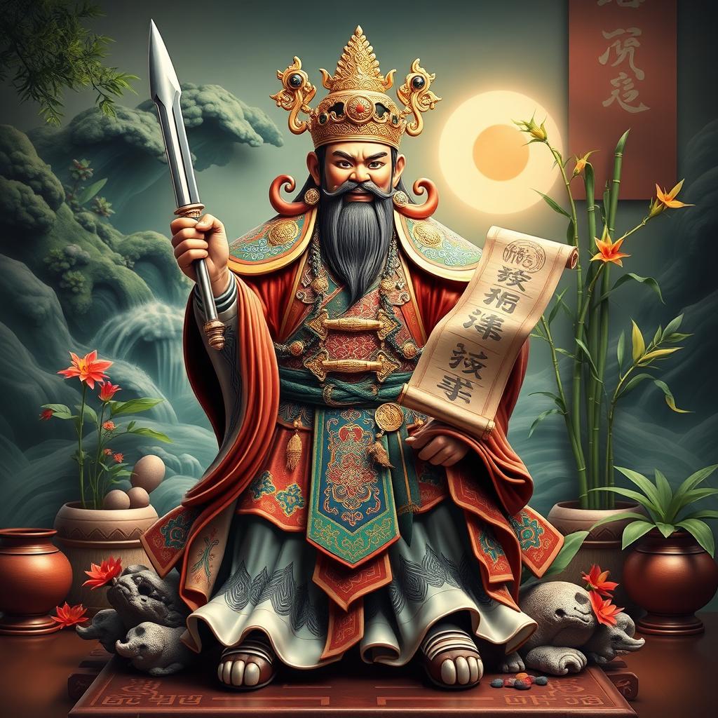 An intricate and beautiful depiction of Kwan Kung, the Chinese god of war and loyalty, elegantly positioned in a traditional Feng Shui setting