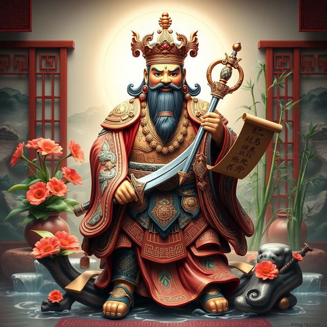 An intricate and beautiful depiction of Kwan Kung, the Chinese god of war and loyalty, elegantly positioned in a traditional Feng Shui setting