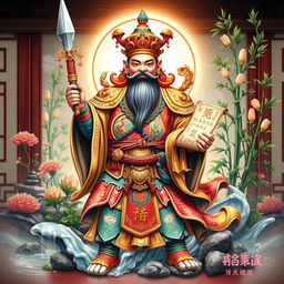 An intricate and beautiful depiction of Kwan Kung, the Chinese god of war and loyalty, elegantly positioned in a traditional Feng Shui setting