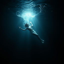 A haunting image depicting the concept of drowning, capturing a submerged figure gracefully sinking into dark, turbulent waters
