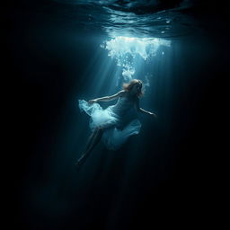 A haunting image depicting the concept of drowning, capturing a submerged figure gracefully sinking into dark, turbulent waters