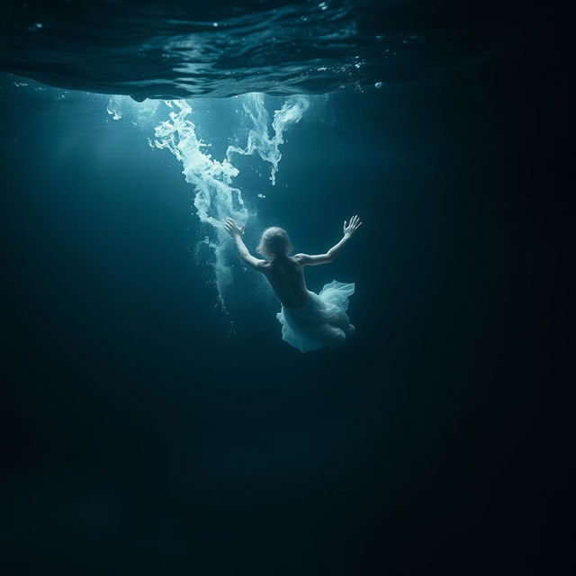 A haunting image depicting the concept of drowning, capturing a submerged figure gracefully sinking into dark, turbulent waters