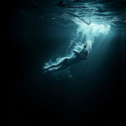 A haunting image depicting the concept of drowning, capturing a submerged figure gracefully sinking into dark, turbulent waters