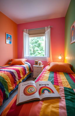 A colorful room with two beds, featuring a bright rainbow theme