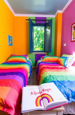 A colorful room with two beds, featuring a bright rainbow theme