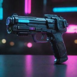 Intricate Cyberpunk weapon; a piece of futuristic hardware outfitted with neon lights and advanced technology, possessing capabilities beyond the realm of current technology