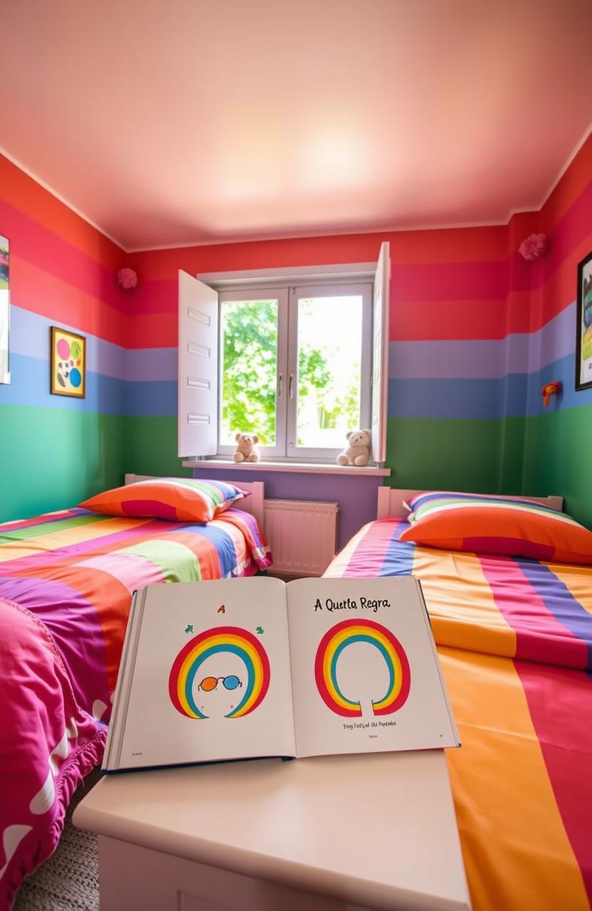 A colorful room with two beds, featuring a bright rainbow theme