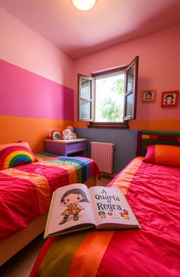 A colorful room with two beds, featuring a bright rainbow theme