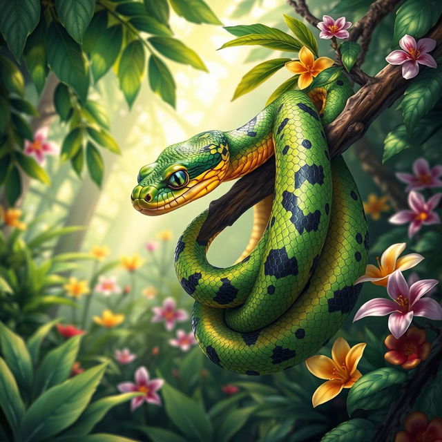 An intricate illustration of a vibrant snake coiled around a branch in a tropical rainforest