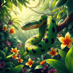 An intricate illustration of a vibrant snake coiled around a branch in a tropical rainforest