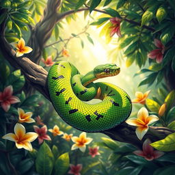 An intricate illustration of a vibrant snake coiled around a branch in a tropical rainforest