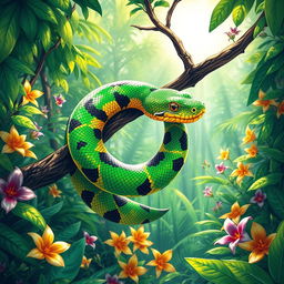 An intricate illustration of a vibrant snake coiled around a branch in a tropical rainforest