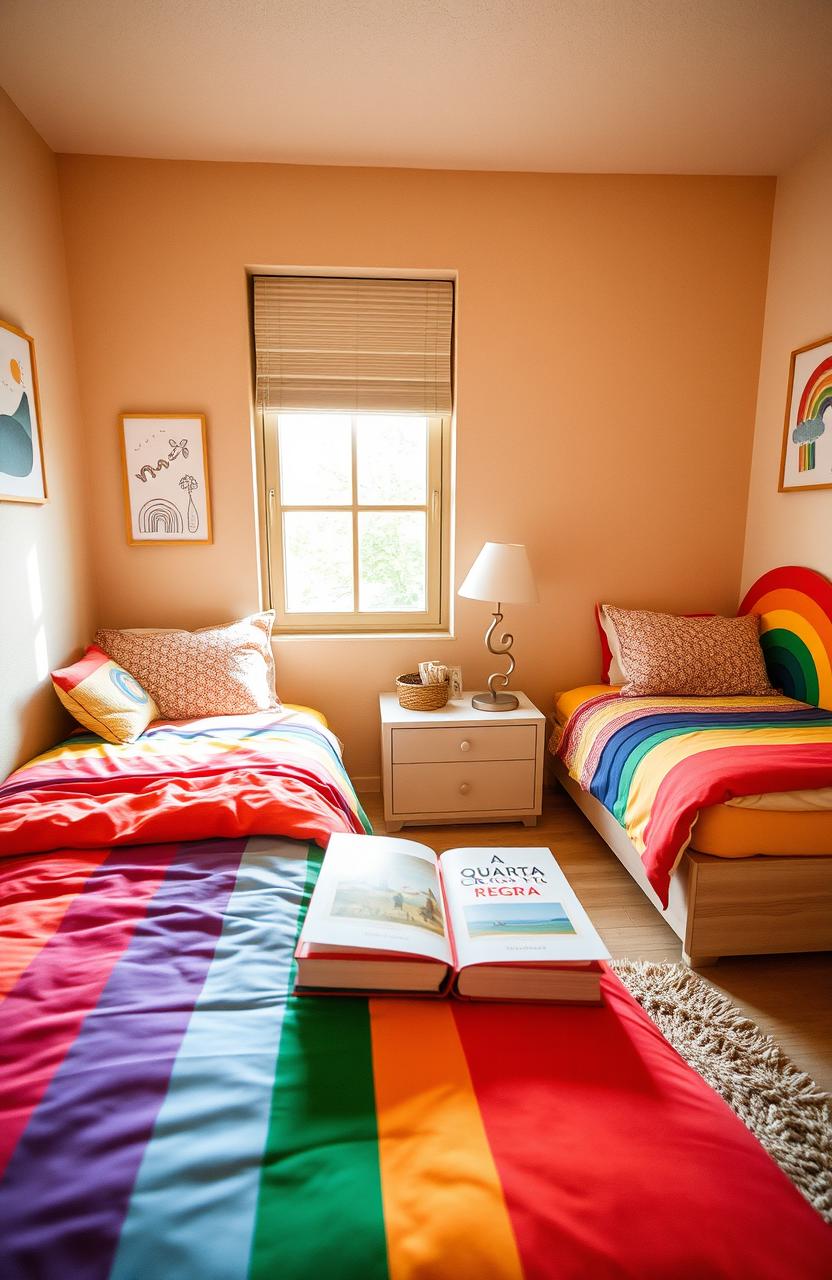 A cozy light brown quarto (room) featuring two rainbow beds with colorful bedding