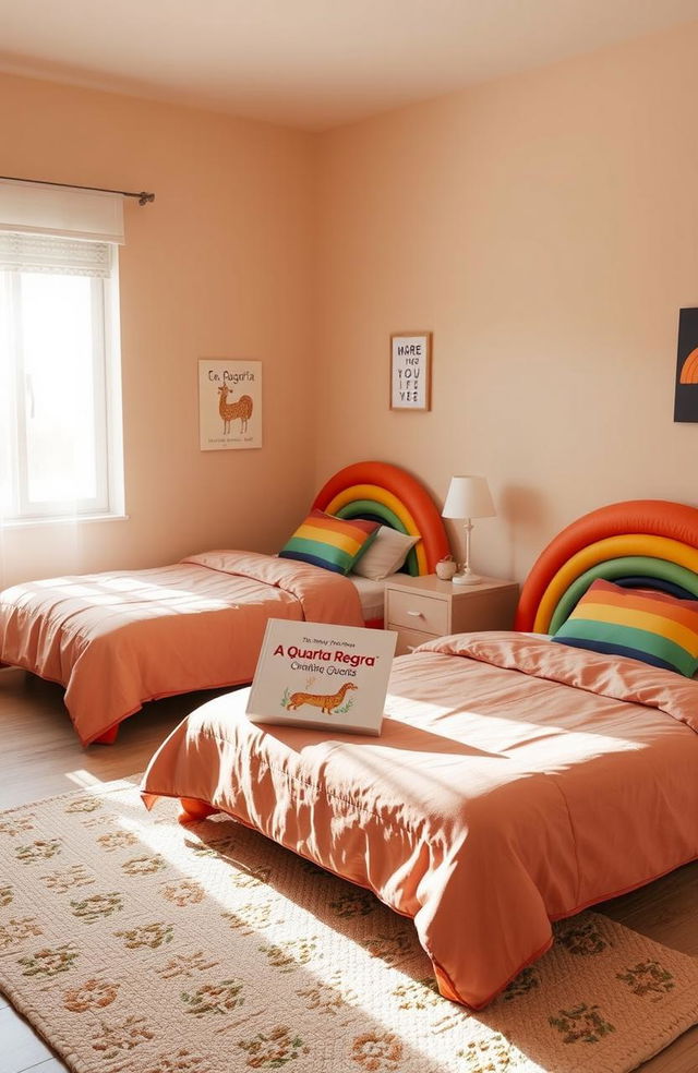 A cozy light brown quarto (room) featuring two rainbow beds with colorful bedding