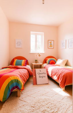 A cozy light brown quarto (room) featuring two rainbow beds with colorful bedding