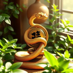 A beautifully detailed illustration of a golden snake coiling gracefully around a decorative piece symbolizing Feng Shui