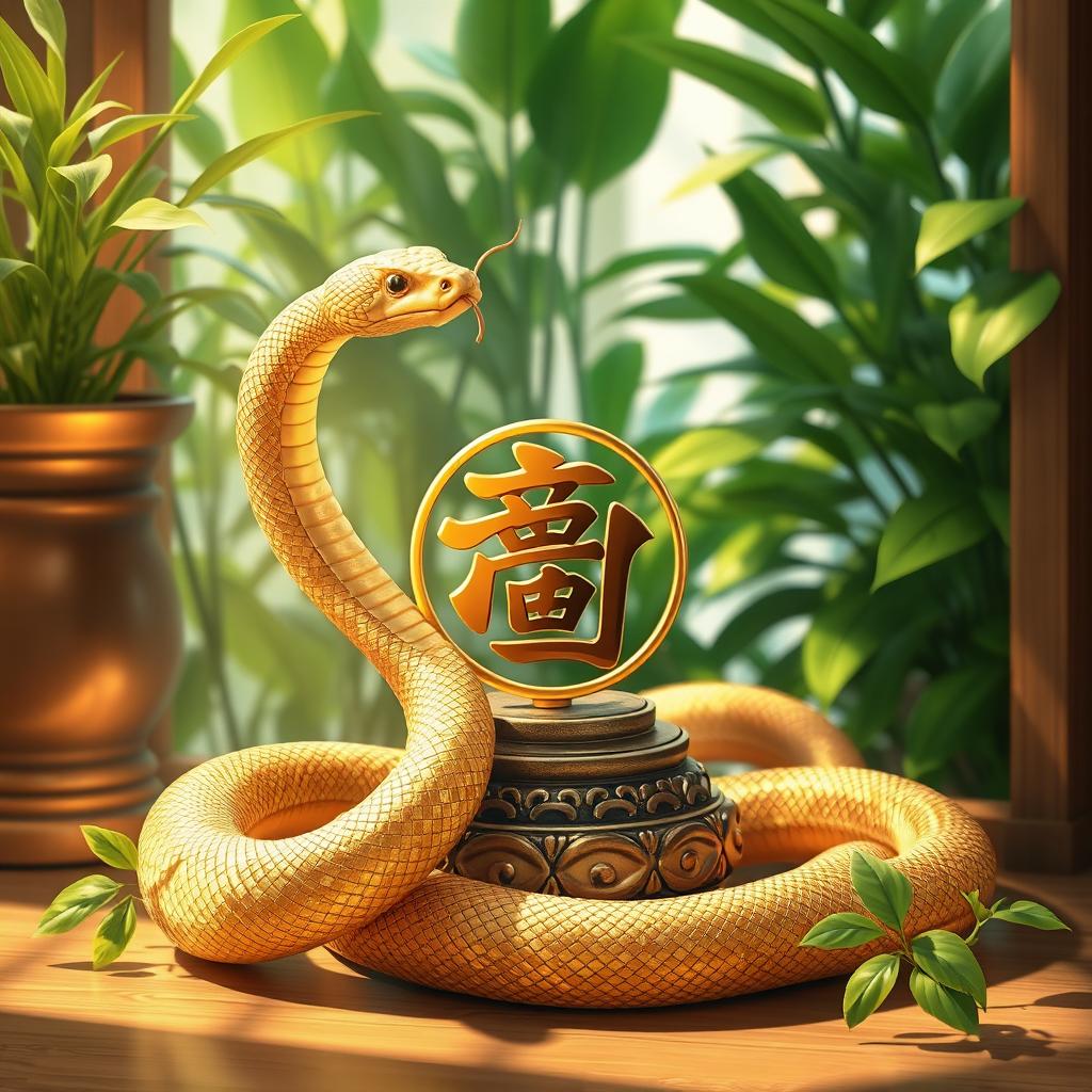 A beautifully detailed illustration of a golden snake coiling gracefully around a decorative piece symbolizing Feng Shui