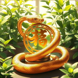 A beautifully detailed illustration of a golden snake coiling gracefully around a decorative piece symbolizing Feng Shui