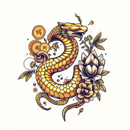 A striking tattoo design featuring a golden snake intricately entwined with Feng Shui symbols