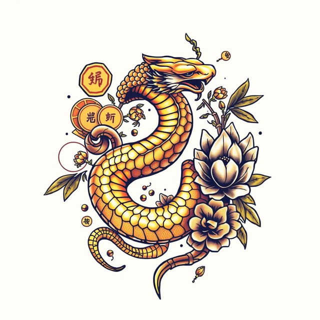 A striking tattoo design featuring a golden snake intricately entwined with Feng Shui symbols