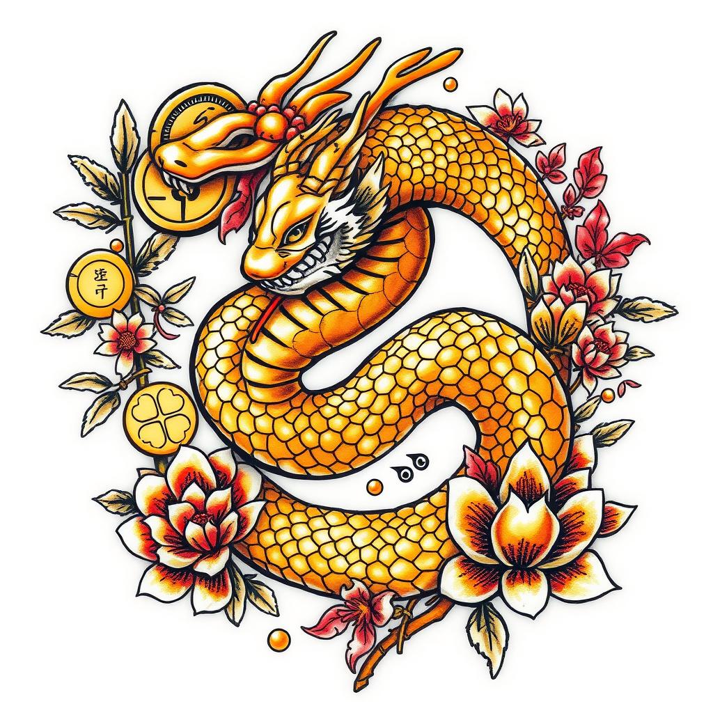 A striking tattoo design featuring a golden snake intricately entwined with Feng Shui symbols