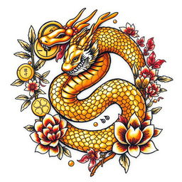 A striking tattoo design featuring a golden snake intricately entwined with Feng Shui symbols