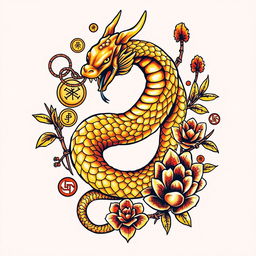 A striking tattoo design featuring a golden snake intricately entwined with Feng Shui symbols