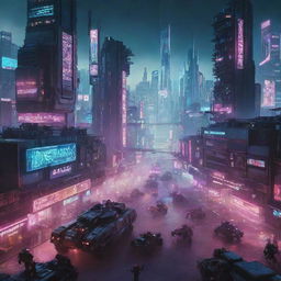 An intense scene of a cyberpunk war, with high-tech armies engaged in battle amidst a neon-lit cityscape, complete with advanced weaponry, mechanized units, and hovering drones